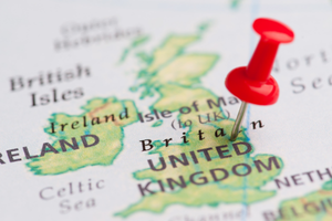 Map of the UK with a red pin